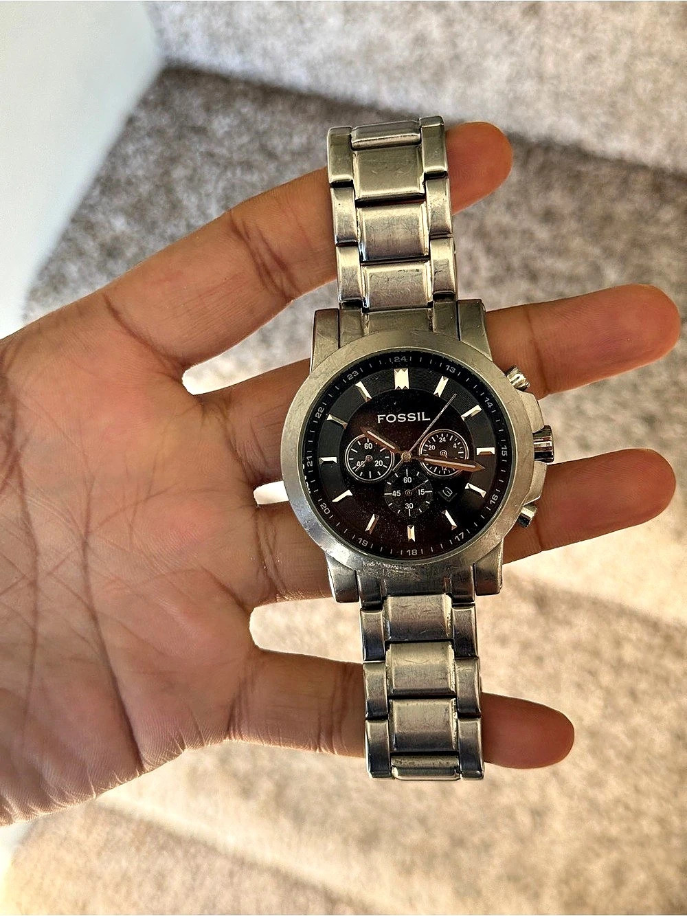 Fossil Chronograph Black Dial Stainless Steel Watch Silver & Black Mens Watch